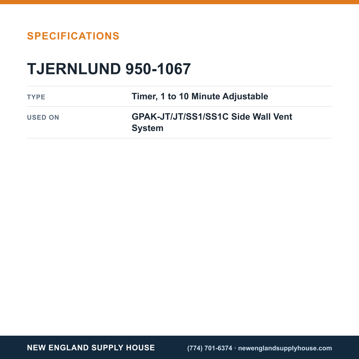 Tjernlund 950-1067 Vent System Timer specifications — New England Supply House [NESH-SPECTABLE-V1]