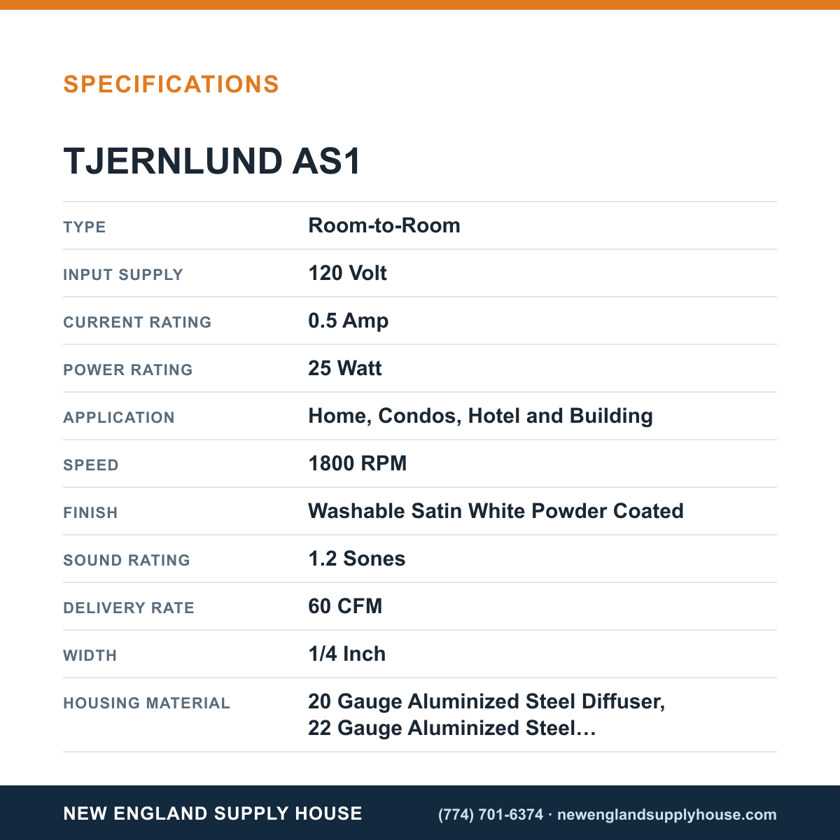 Tjernlund AS1 Ventilator Room specifications — New England Supply House [NESH-SPECTABLE-V1]