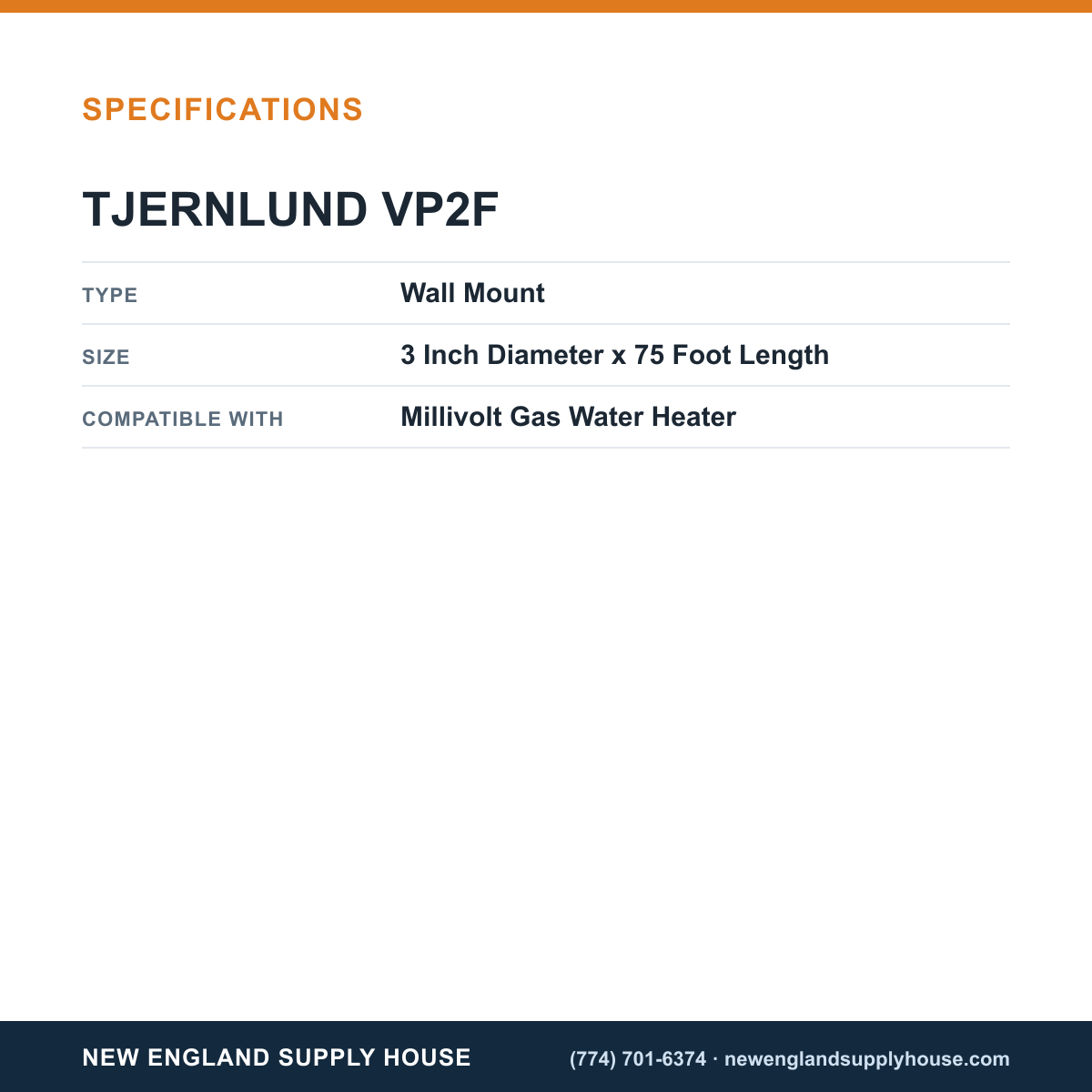 Tjernlund VP2F Water Heater Side Wall Vent Kit specifications — New England Supply House [NESH-SPECTABLE-V1]