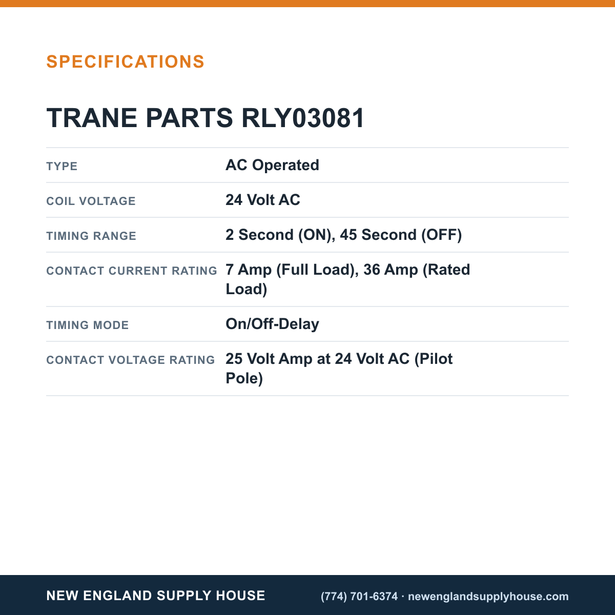 Trane Parts RLY03081 Time Delay Relay specifications — New England Supply House [NESH-SPECTABLE-V1]