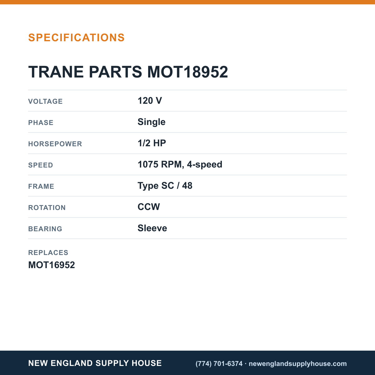 Trane Parts MOT18952 Blower Motor specifications — New England Supply House [NESH-SPECTABLE-V1]