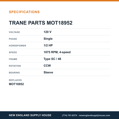 Trane Parts MOT18952 Blower Motor specifications — New England Supply House [NESH-SPECTABLE-V1]