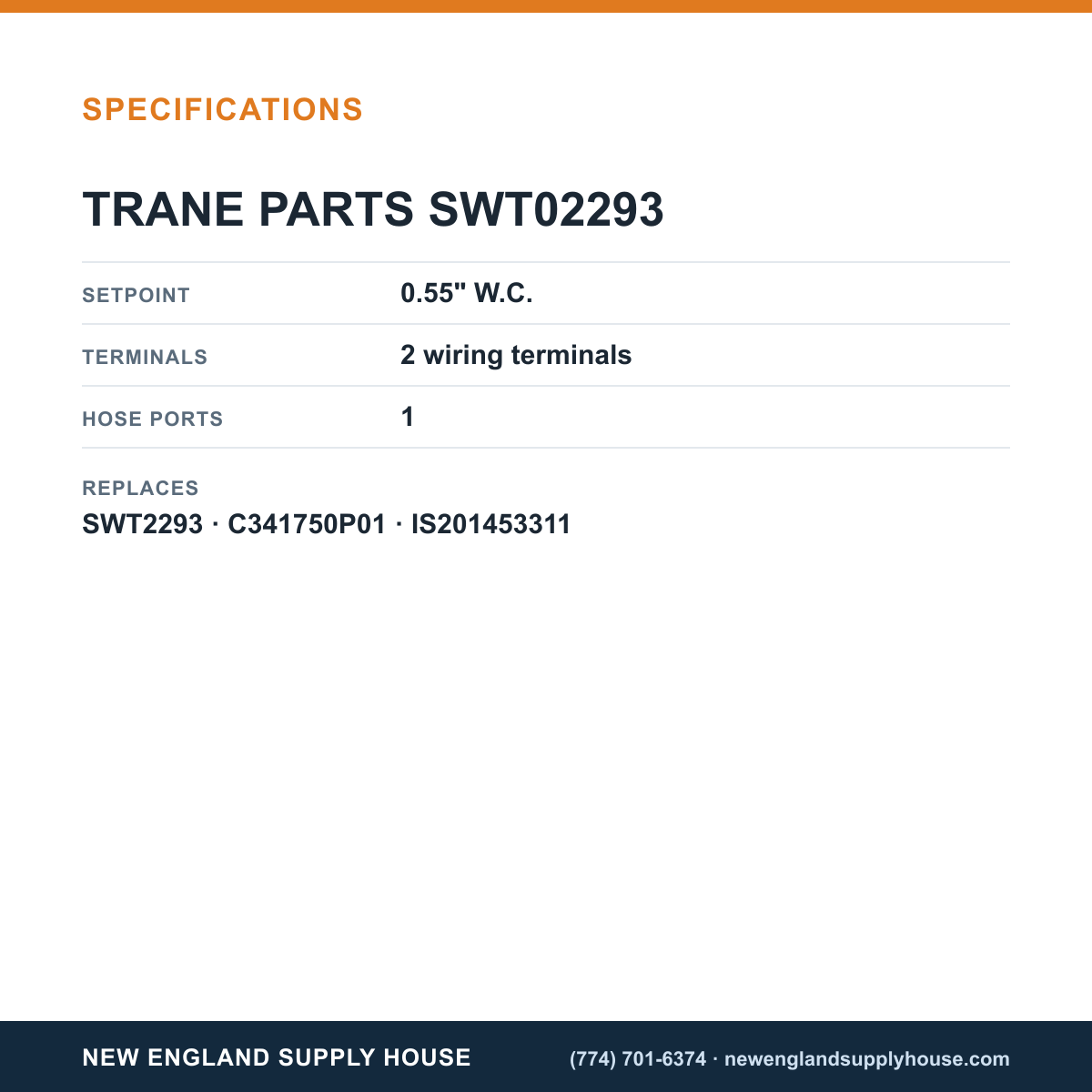 Trane Parts SWT02293 Air Pressure Switch specifications — New England Supply House [NESH-SPECTABLE-V1]