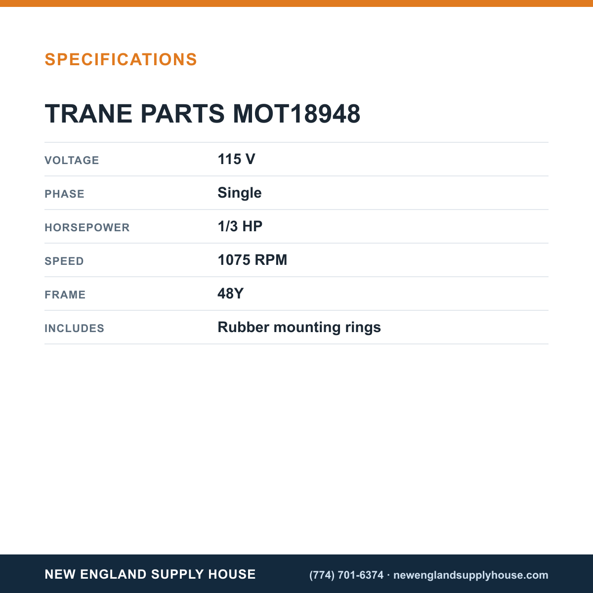 Trane Parts MOT18948 Blower Motor specifications — New England Supply House [NESH-SPECTABLE-V1]