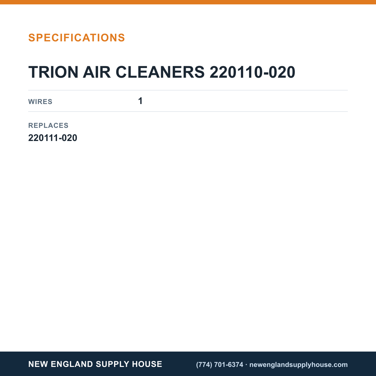 Trion Air Cleaners 220110-020 Ionizing Wire Assembly specifications — New England Supply House [NESH-SPECTABLE-V1]