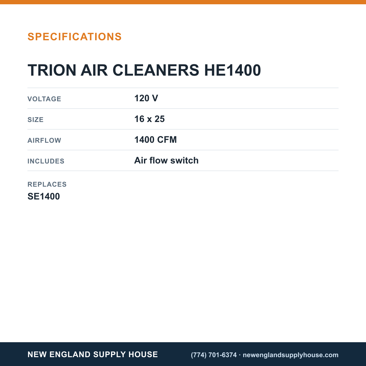 Trion HE1400 Electronic Air Cleaner specifications — New England Supply House [NESH-SPECTABLE-V1]