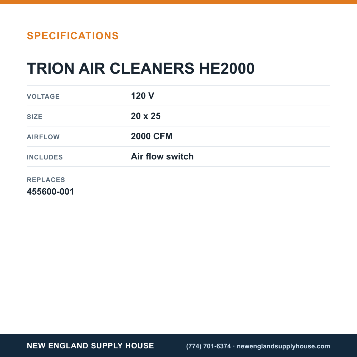 Trion HE2000 Electronic Air Cleaner specifications — New England Supply House [NESH-SPECTABLE-V1]