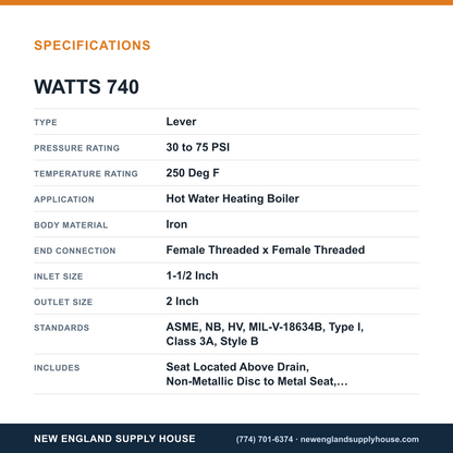 Watts 740 Boiler Pressure Relief Valve specifications — New England Supply House [NESH-SPECTABLE-V1]