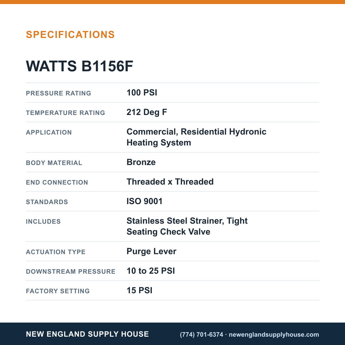 Watts B1156F Water Pressure Regulator specifications — New England Supply House [NESH-SPECTABLE-V1]