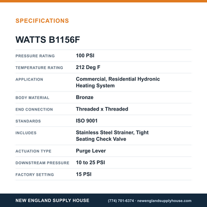 Watts B1156F Water Pressure Regulator specifications — New England Supply House [NESH-SPECTABLE-V1]