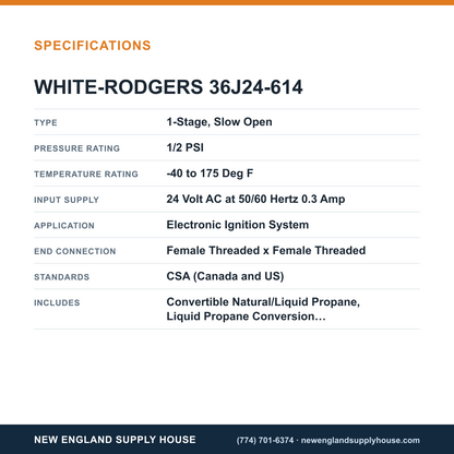 White-Rodgers 36J24-614 Electronic Ignition Gas Valve specifications — New England Supply House [NESH-SPECTABLE-V1]