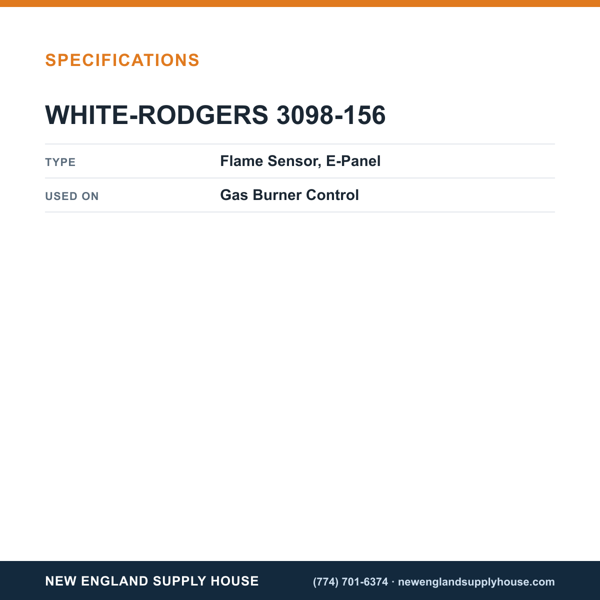 White-Rodgers 3098-156 Gas Burner Control Flame Sensor specifications — New England Supply House [NESH-SPECTABLE-V1]