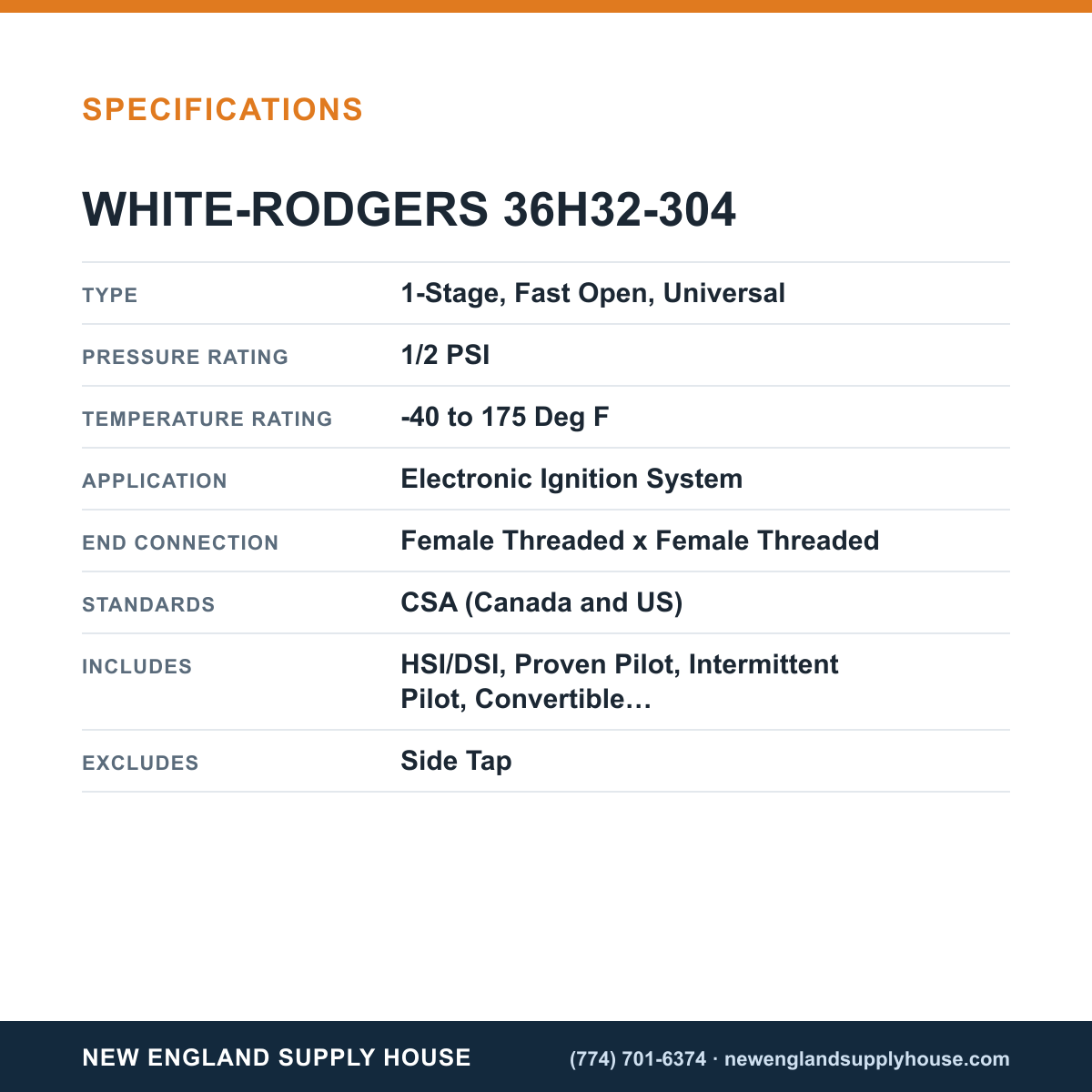 White-Rodgers 36H32-304 Gas Valve specifications — New England Supply House [NESH-SPECTABLE-V1]