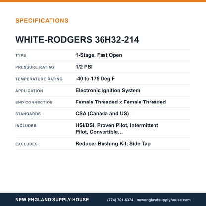 White-Rodgers 36H32-214 Gas Valve specifications — New England Supply House [NESH-SPECTABLE-V1]