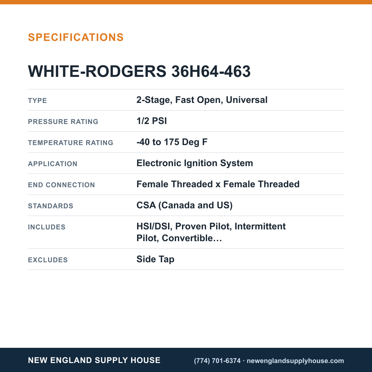 White-Rodgers 36H64-463 Gas Valve specifications — New England Supply House [NESH-SPECTABLE-V1]