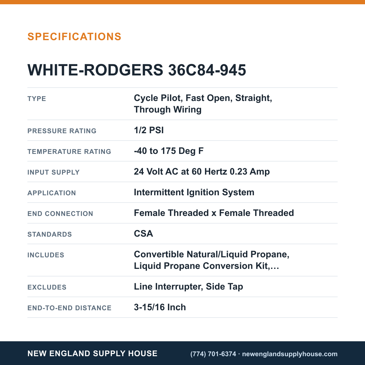 White-Rodgers 36C84-945 Gas Valve specifications — New England Supply House [NESH-SPECTABLE-V1]