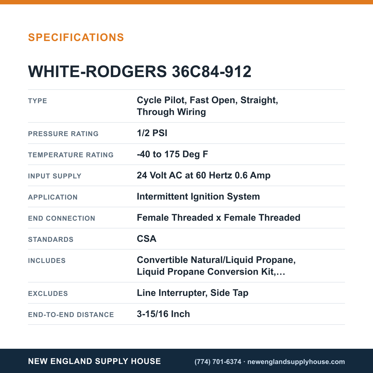White-Rodgers 36C84-912 Gas Valve specifications — New England Supply House [NESH-SPECTABLE-V1]