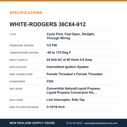 White-Rodgers 36C84-912 Gas Valve specifications — New England Supply House [NESH-SPECTABLE-V1]