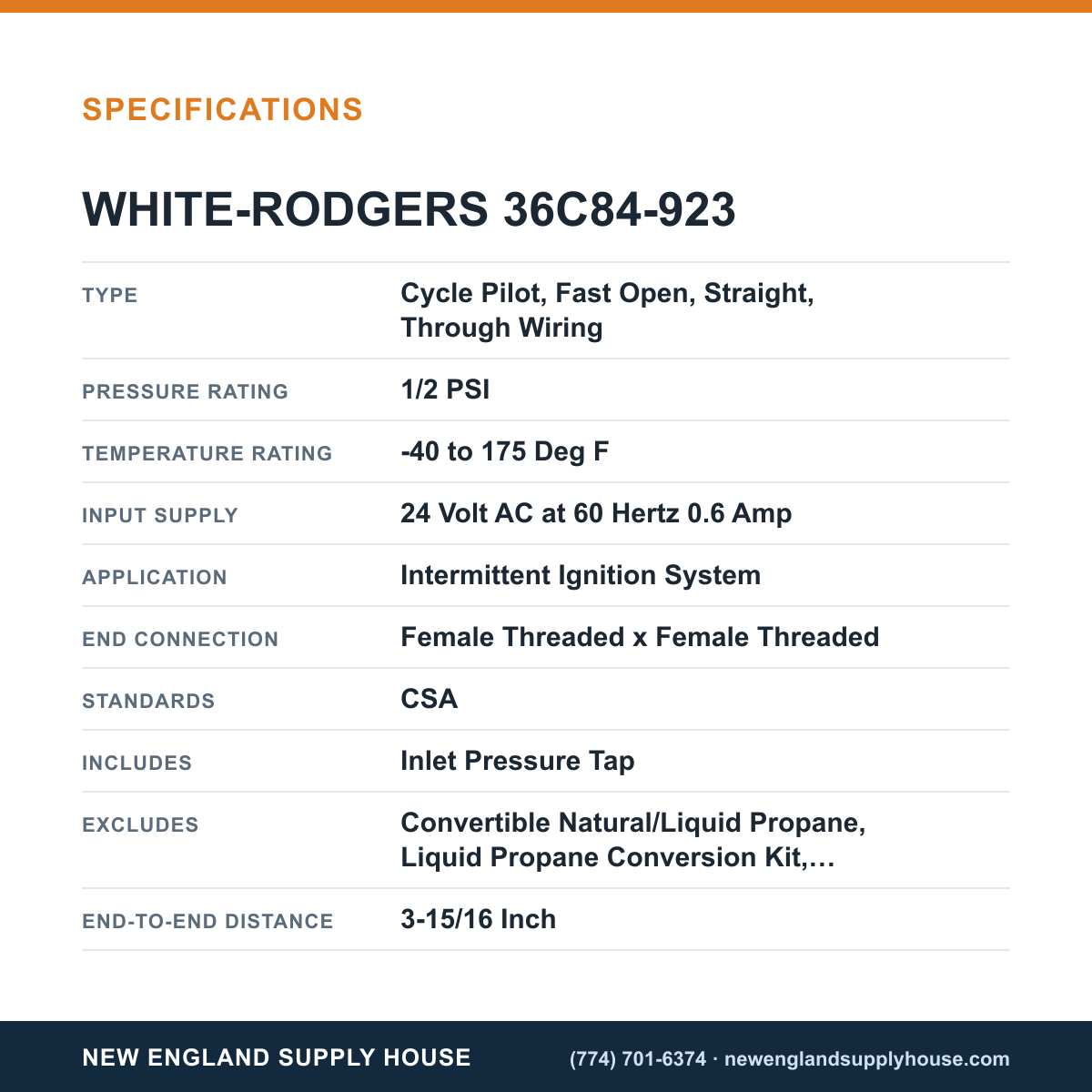 White-Rodgers 36C84-923 Gas Valve specifications — New England Supply House [NESH-SPECTABLE-V1]