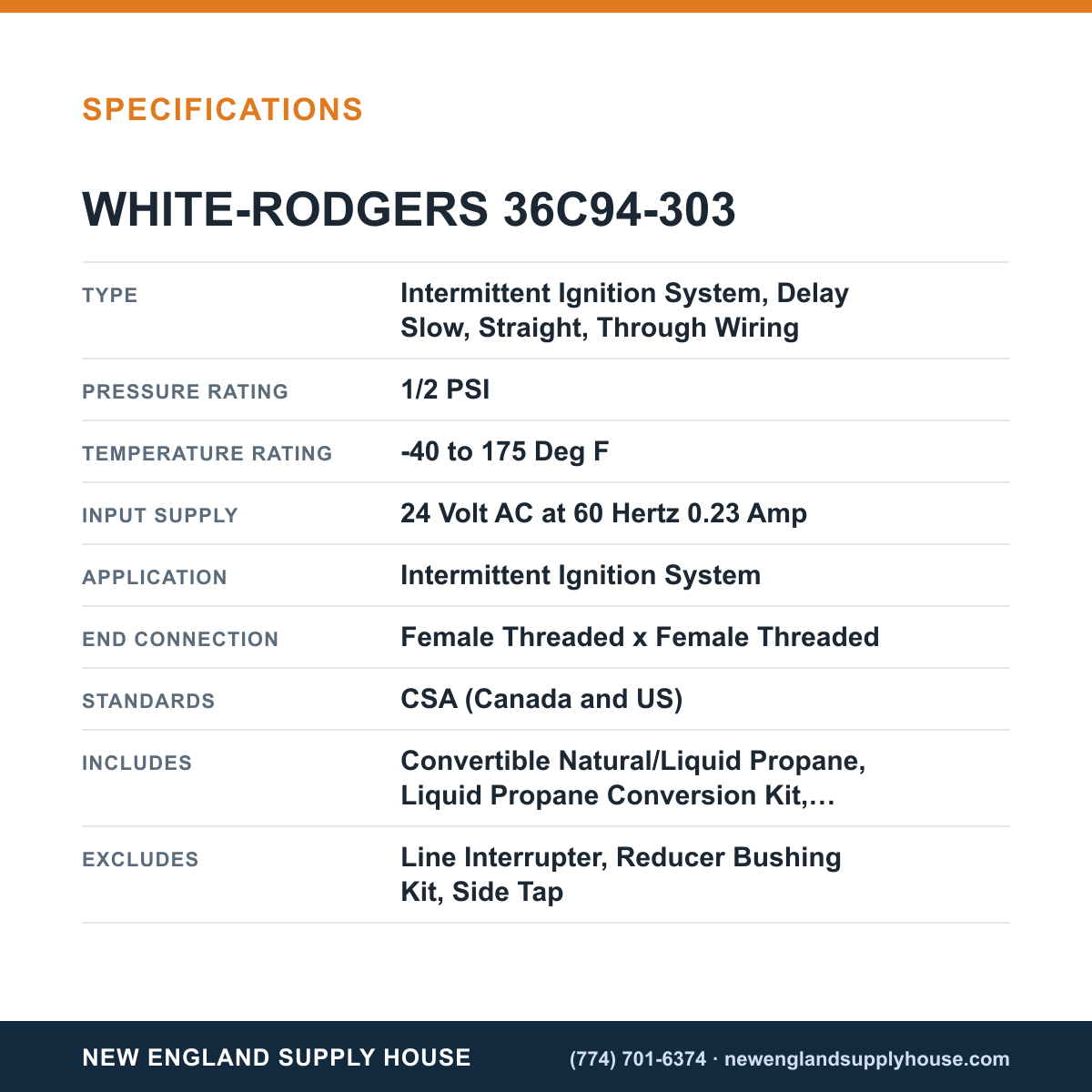 White-Rodgers 36C94-303 Gas Valve specifications — New England Supply House [NESH-SPECTABLE-V1]