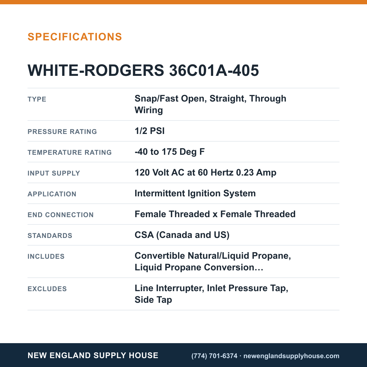 White-Rodgers 36C01A-405 Gas Valve specifications — New England Supply House [NESH-SPECTABLE-V1]