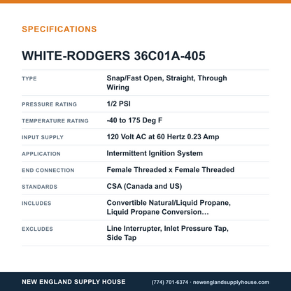 White-Rodgers 36C01A-405 Gas Valve specifications — New England Supply House [NESH-SPECTABLE-V1]
