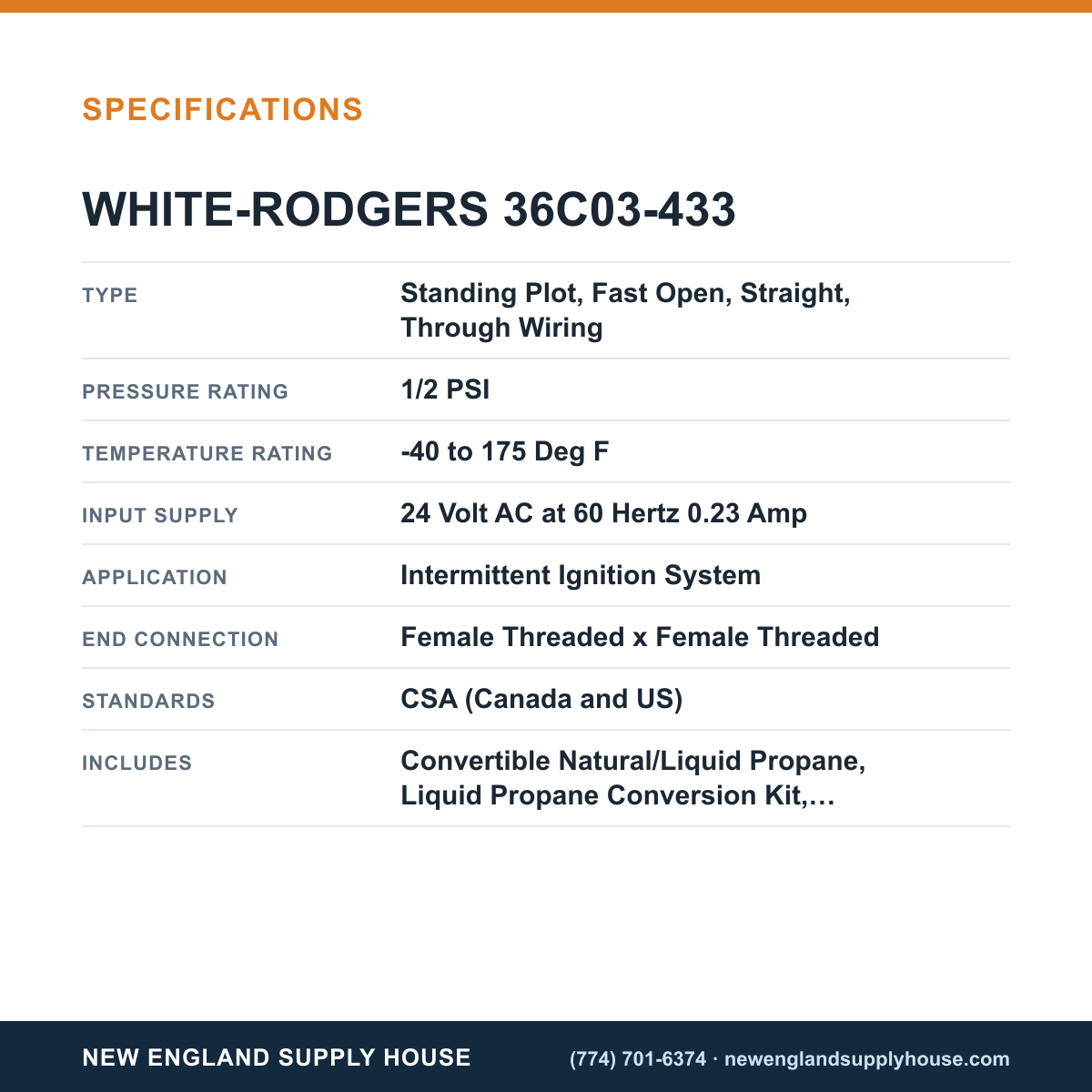 White-Rodgers 36C03-433 Gas Valve specifications — New England Supply House [NESH-SPECTABLE-V1]