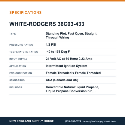White-Rodgers 36C03-433 Gas Valve specifications — New England Supply House [NESH-SPECTABLE-V1]