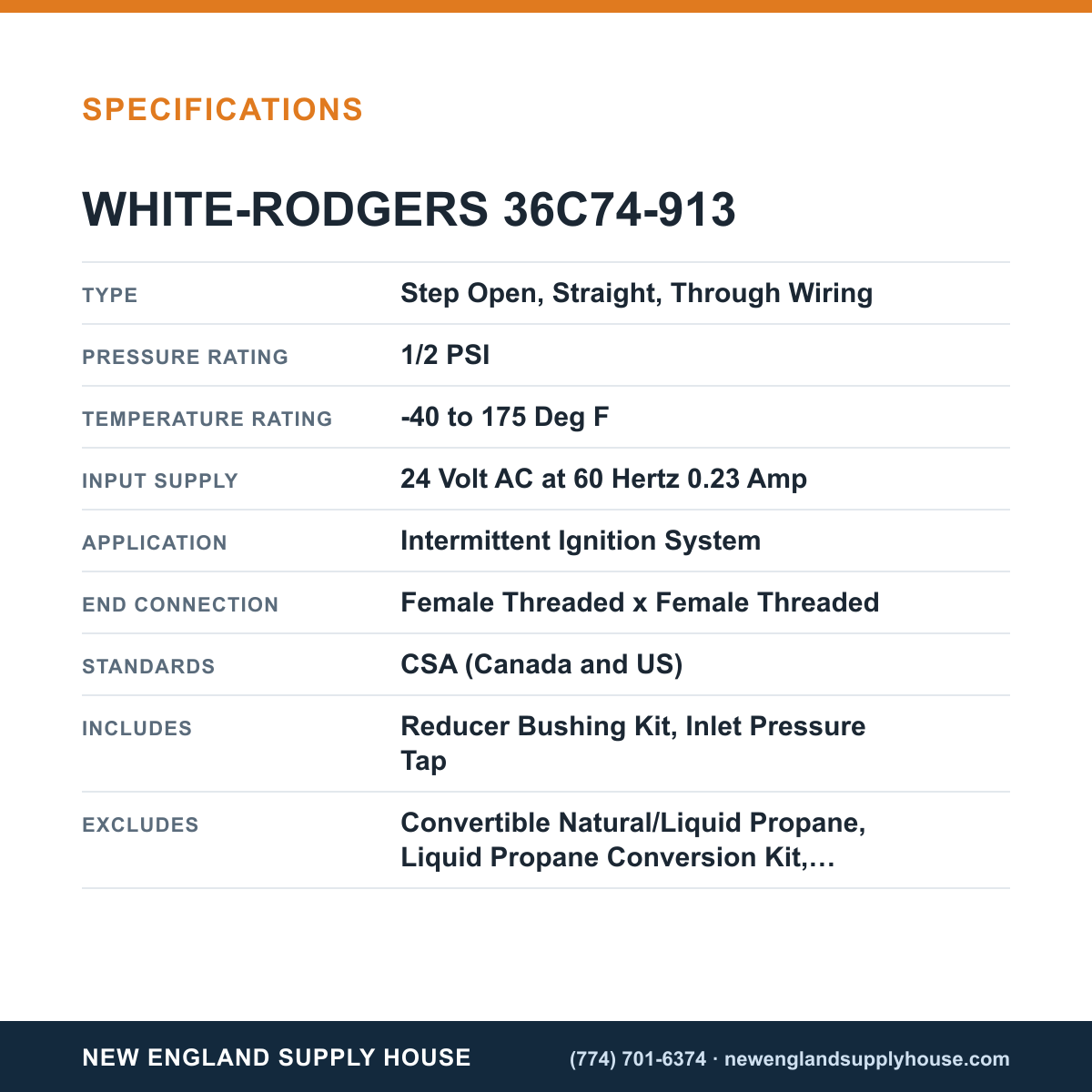 White-Rodgers 36C74-913 Gas Valve specifications — New England Supply House [NESH-SPECTABLE-V1]