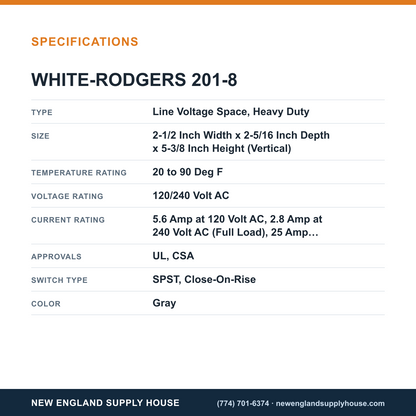White-Rodgers 201-8 Space Thermostat specifications — New England Supply House [NESH-SPECTABLE-V1]