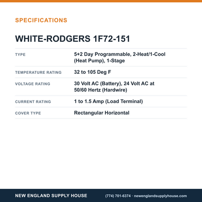 White-Rodgers 1F72-151 Thermostat specifications — New England Supply House [NESH-SPECTABLE-V1]