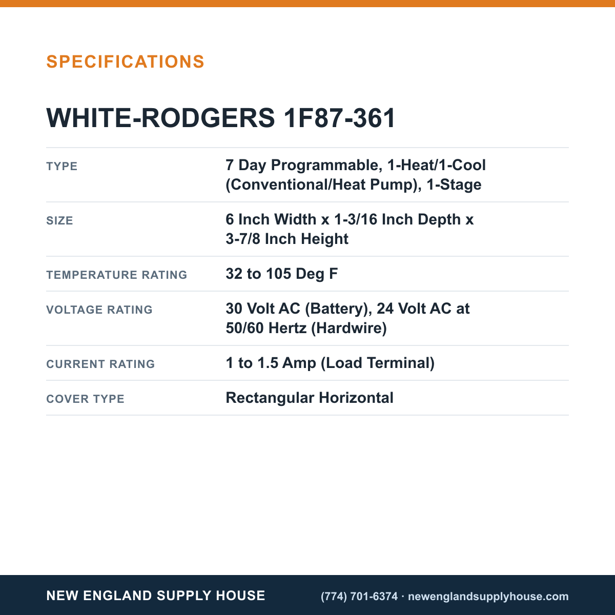 White-Rodgers 1F87-361 Thermostat specifications — New England Supply House [NESH-SPECTABLE-V1]