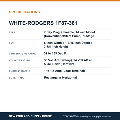 White-Rodgers 1F87-361 Thermostat specifications — New England Supply House [NESH-SPECTABLE-V1]