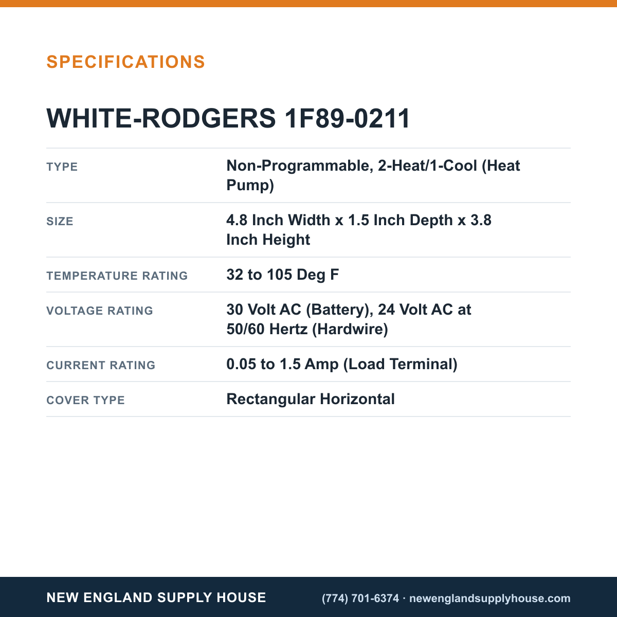 White-Rodgers 1F89-0211 Thermostat specifications — New England Supply House [NESH-SPECTABLE-V1]