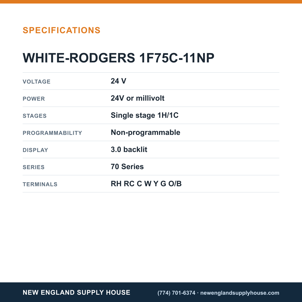 White-Rodgers 1F75C-11NP Digital Thermostat specifications — New England Supply House [NESH-SPECTABLE-V1]