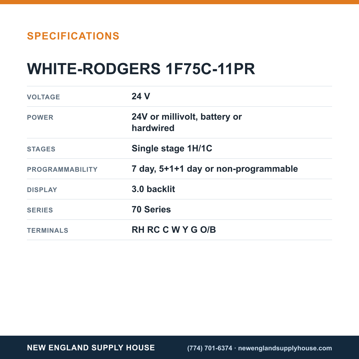 White-Rodgers 1F75C-11PR Thermostat specifications — New England Supply House [NESH-SPECTABLE-V1]