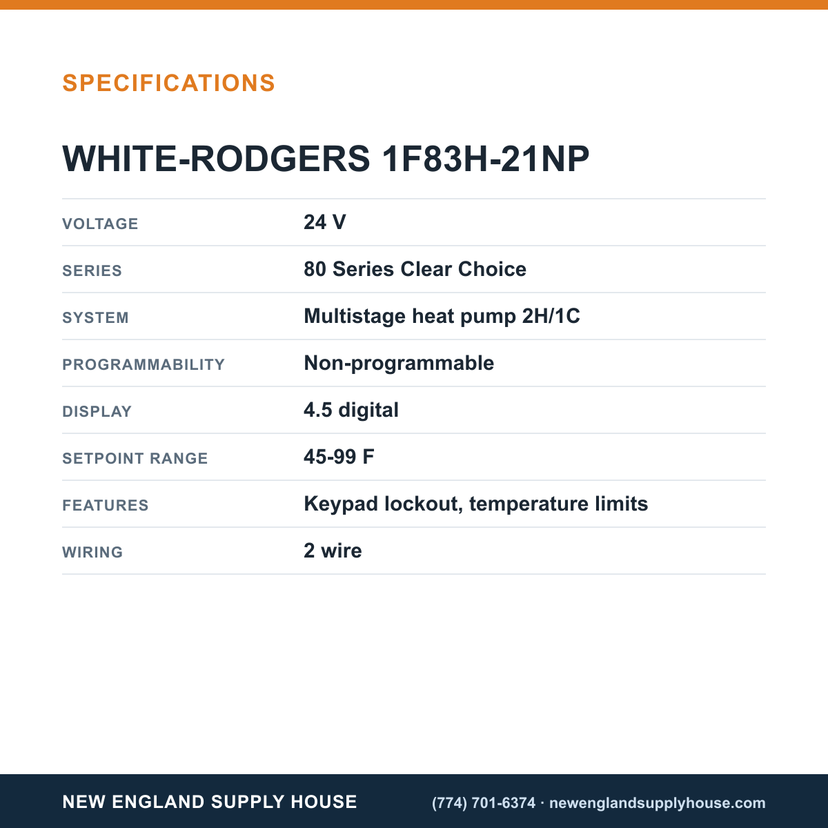 White-Rodgers 1F83H-21NP Thermostat specifications — New England Supply House [NESH-SPECTABLE-V1]