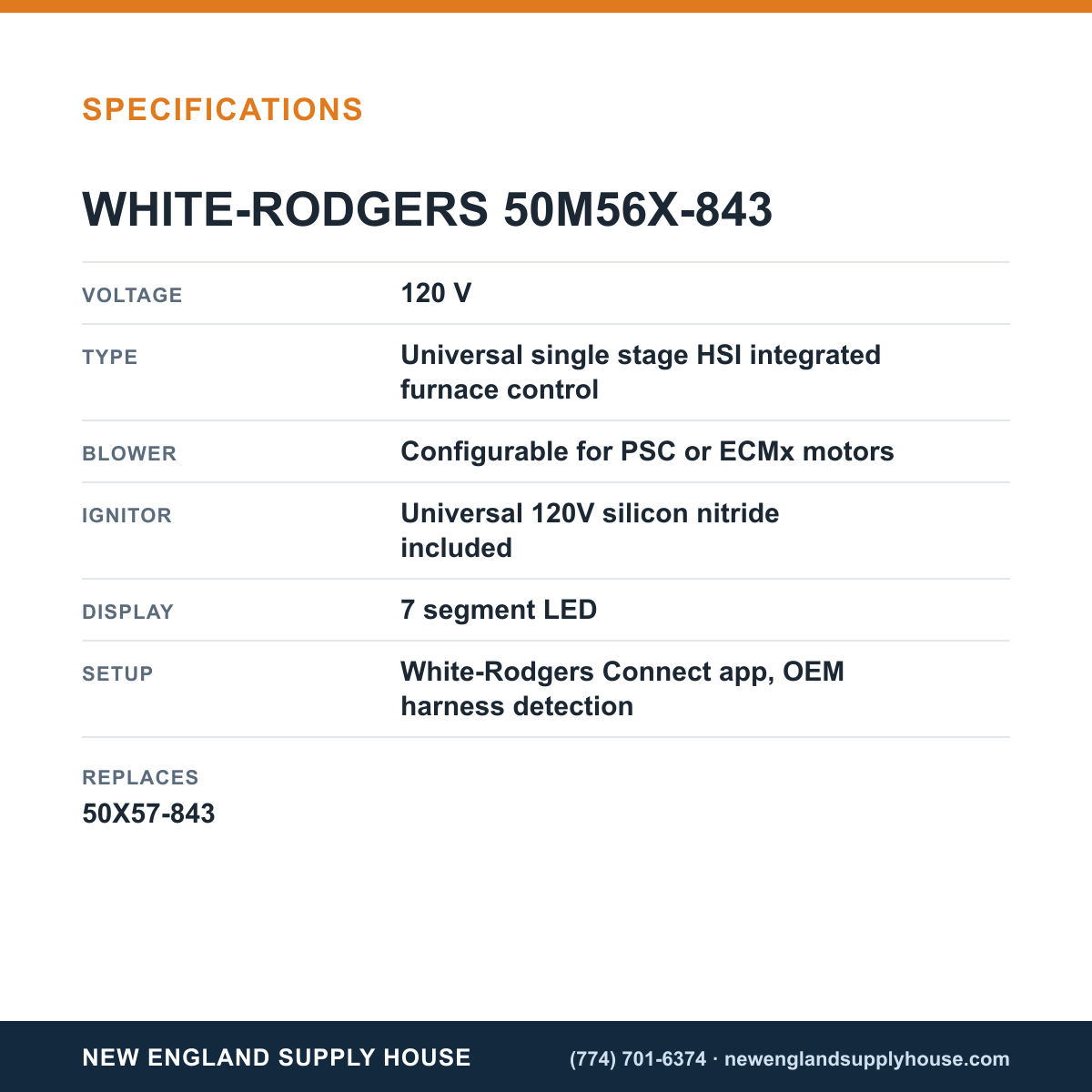 White-Rodgers 50M56X-843 Integrated Furnace Control specifications — New England Supply House [NESH-SPECTABLE-V1]