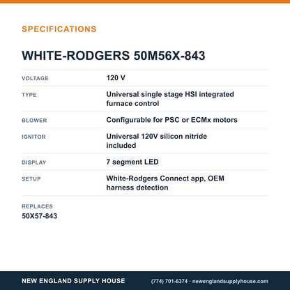 White-Rodgers 50M56X-843 Integrated Furnace Control specifications — New England Supply House [NESH-SPECTABLE-V1]