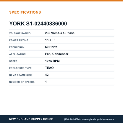 York Parts S1-02440886000 Condenser Fan Motor specifications — New England Supply House [NESH-SPECTABLE-V1]