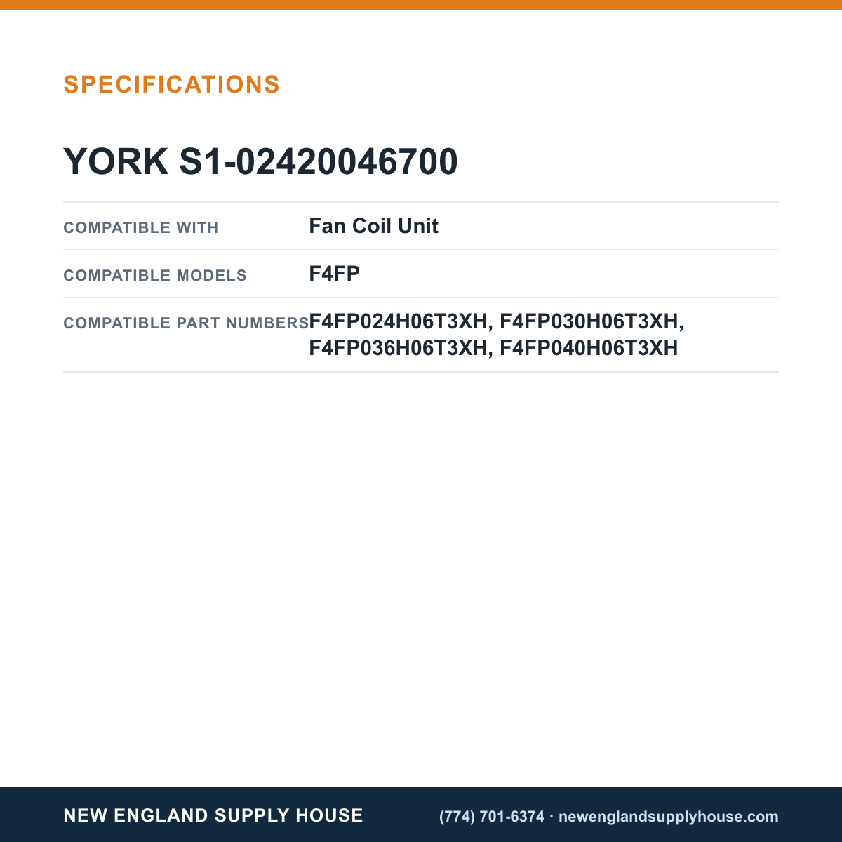 York Parts S1-02420046700 Fan Coil Unit Single Run Capacitor specifications — New England Supply House [NESH-SPECTABLE-V1]