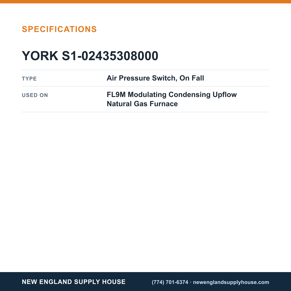 York Parts S1-02435308000 Gas Furnace Air Pressure Switch specifications — New England Supply House [NESH-SPECTABLE-V1]