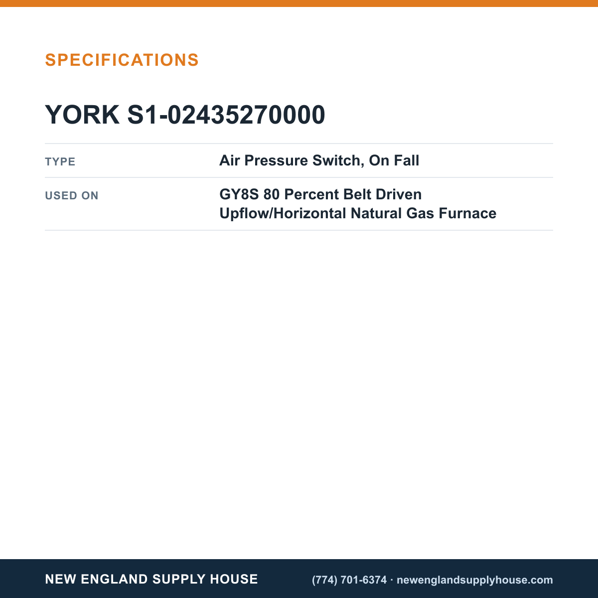 York Parts S1-02435270000 Gas Furnace Air Pressure Switch specifications — New England Supply House [NESH-SPECTABLE-V1]