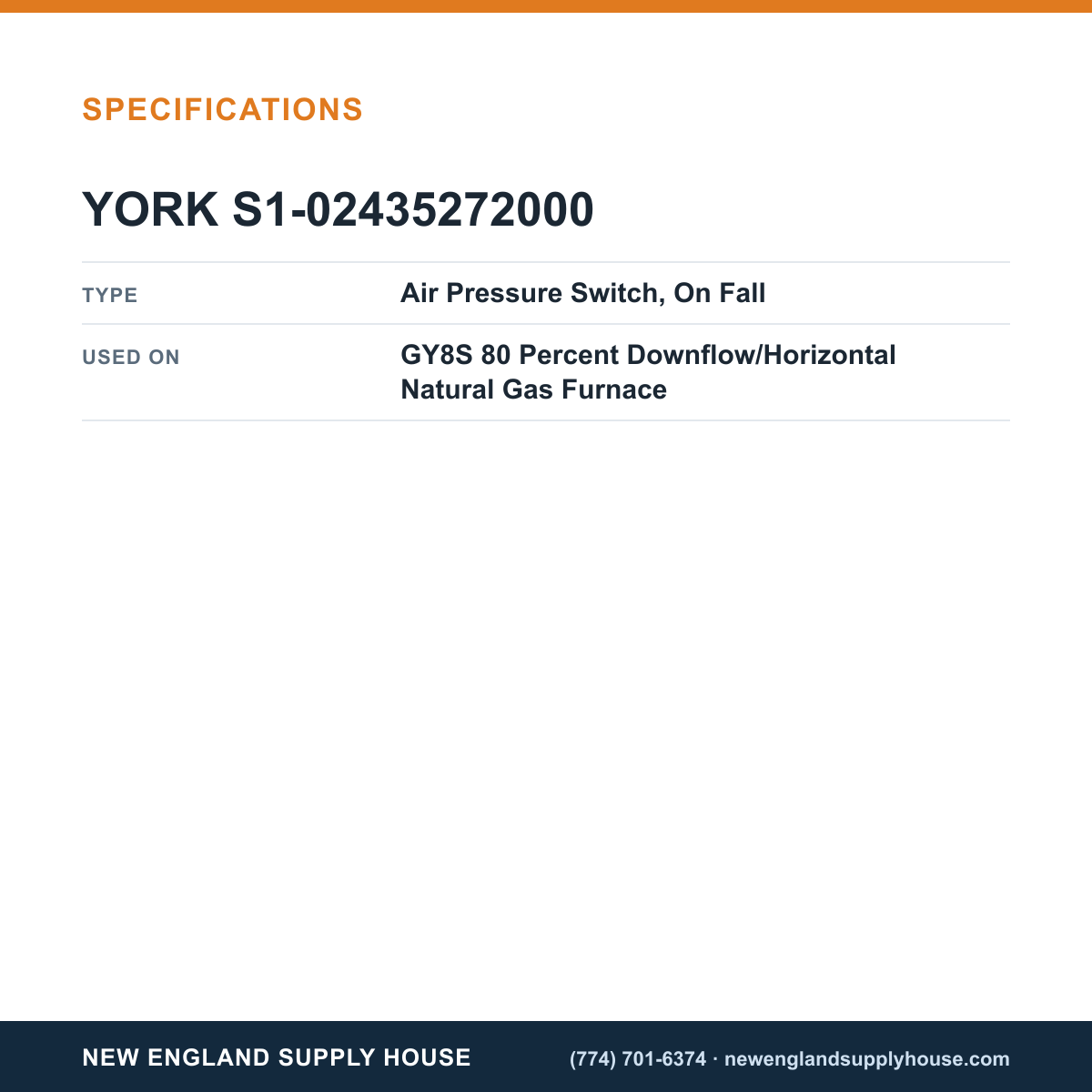York Parts S1-02435272000 Gas Furnace Air Pressure Switch specifications — New England Supply House [NESH-SPECTABLE-V1]