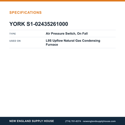 York Parts S1-02435261000 Gas Furnace Air Pressure Switch specifications — New England Supply House [NESH-SPECTABLE-V1]