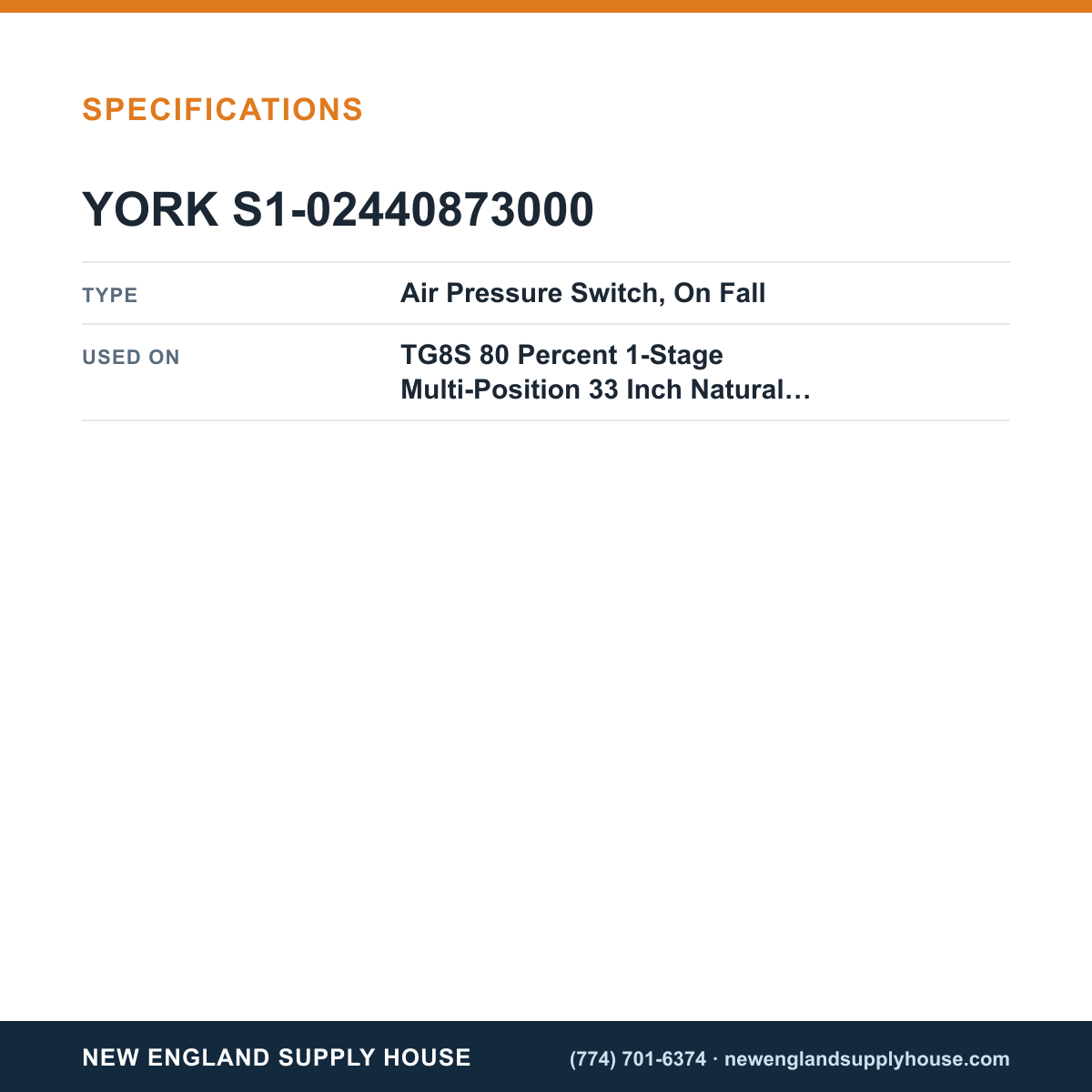York Parts S1-02440873000 Gas Furnace Air Pressure Switch specifications — New England Supply House [NESH-SPECTABLE-V1]