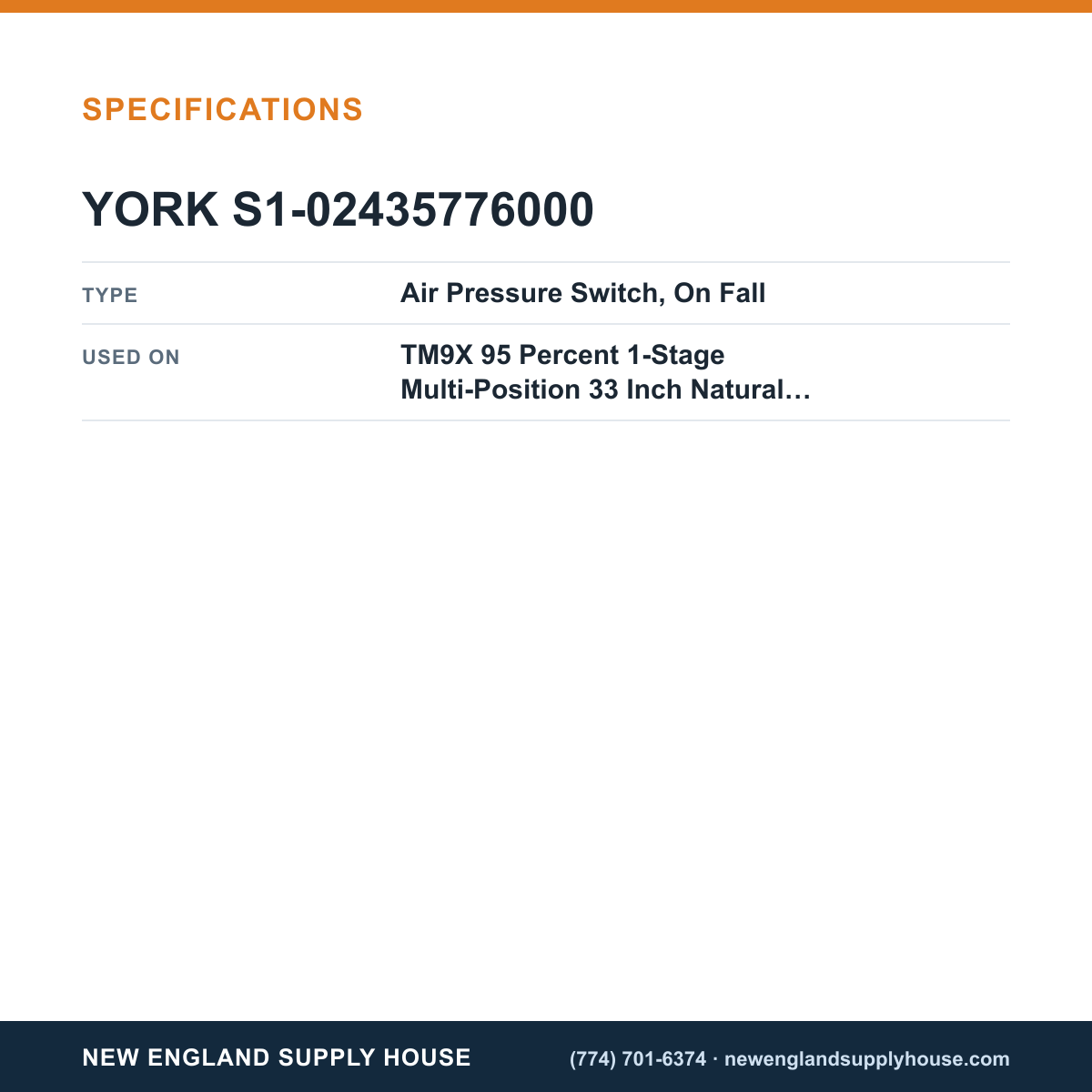 York Parts S1-02435776000 Gas Furnace Air Pressure Switch specifications — New England Supply House [NESH-SPECTABLE-V1]