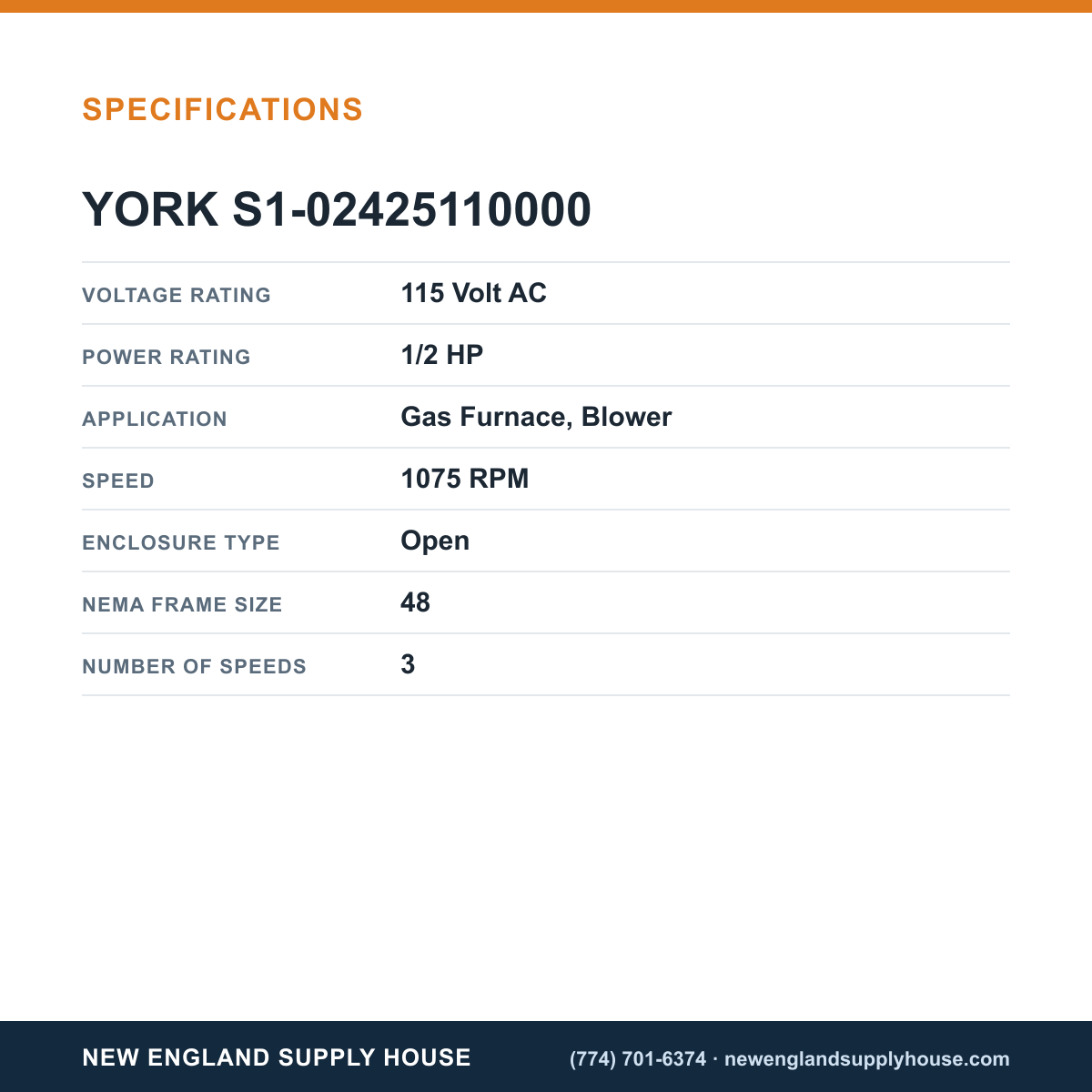 York Parts S1-02425110000 Gas Furnace Blower Motor specifications — New England Supply House [NESH-SPECTABLE-V1]