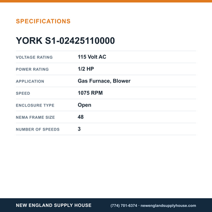 York Parts S1-02425110000 Gas Furnace Blower Motor specifications — New England Supply House [NESH-SPECTABLE-V1]