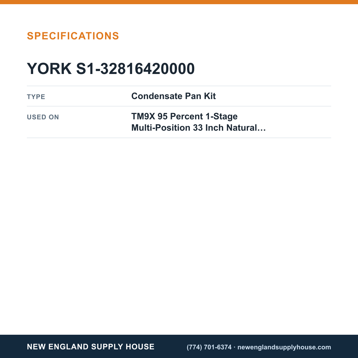 York Parts S1-32816420000 Gas Furnace Condensate Pan Kit specifications — New England Supply House [NESH-SPECTABLE-V1]